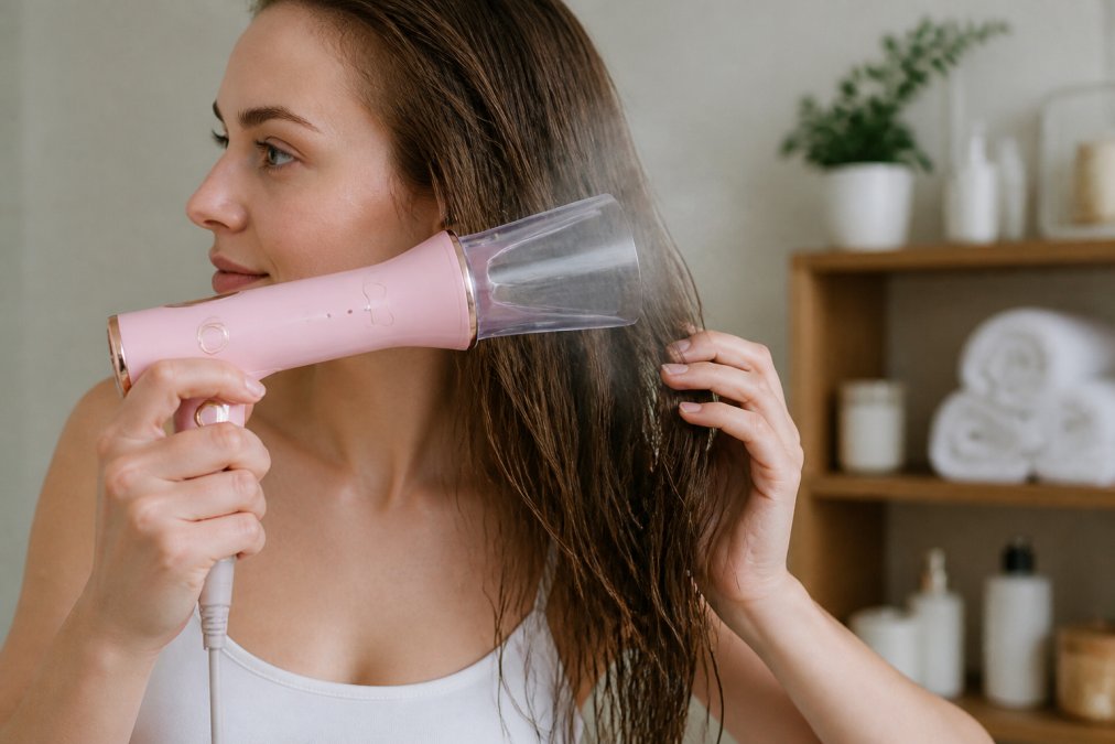Woman using a professional hair dryer with ionic technology on long, damp hair, showing the concentrator nozzle attachment and heat setting dial in close-up, with visible steam and styling precision