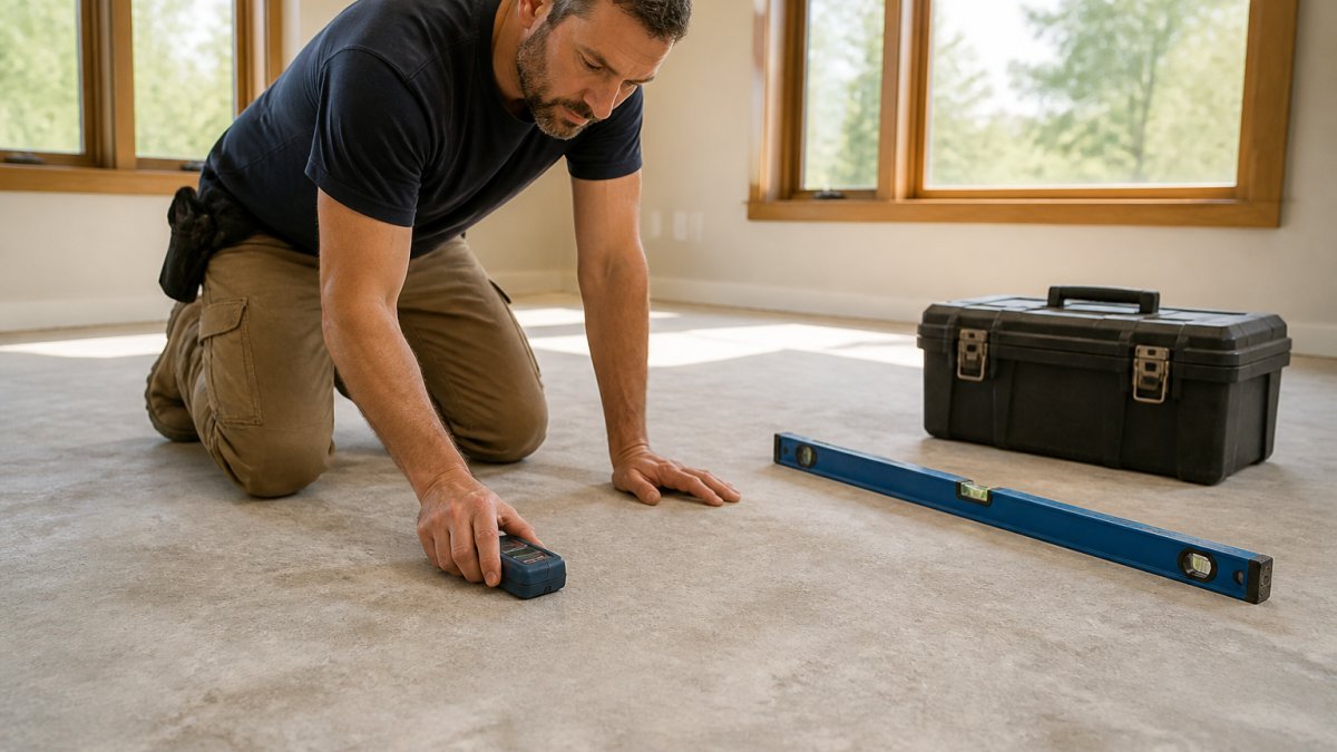 A professional installer kneeling on a bare concrete subfloor in an empty, sunlit room, pressing a handheld moisture meter against the slab while a spirit level and toolbox sit nearby