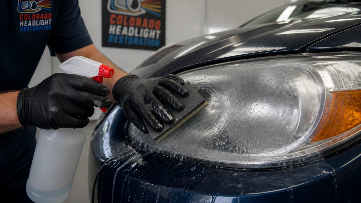 Professional technician using wet sanding pad and spray bottle on cloudy headlight lens, showing water droplets and fine grit abrasive in action under bright shop lighting
