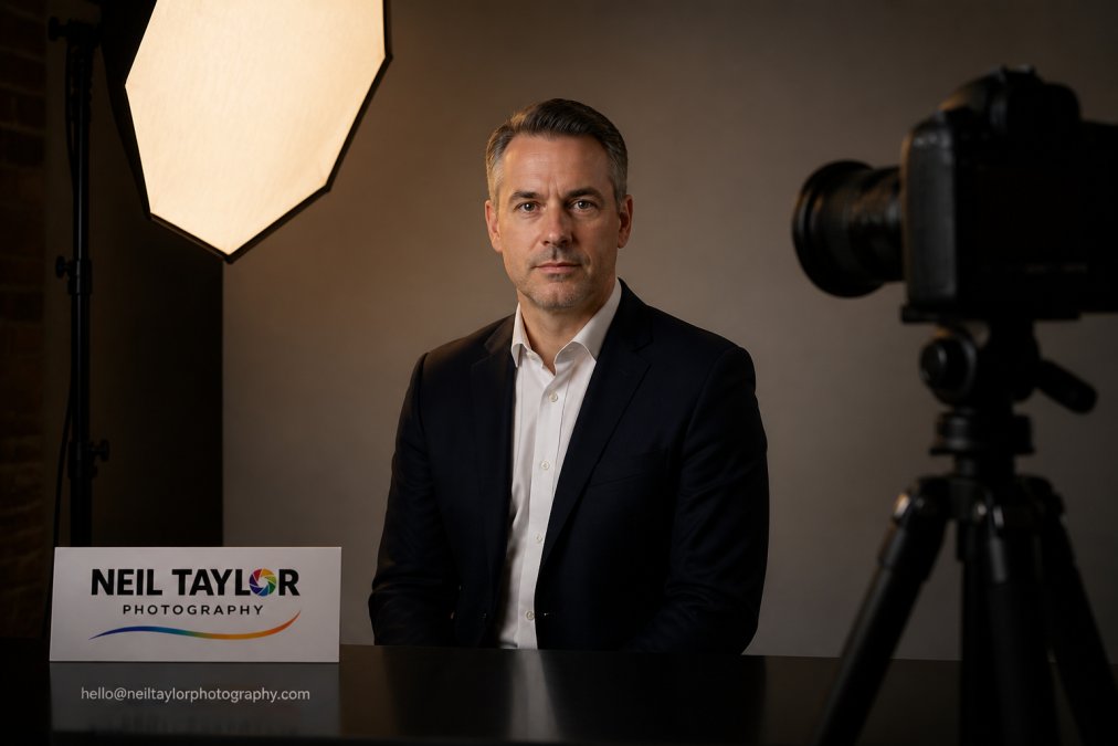 Professional headshot session setup showing soft studio lighting positioned at 45-degree angle, camera on tripod, and executive subject in squared shoulders stance with neutral background, demonstrating proper framing and composition