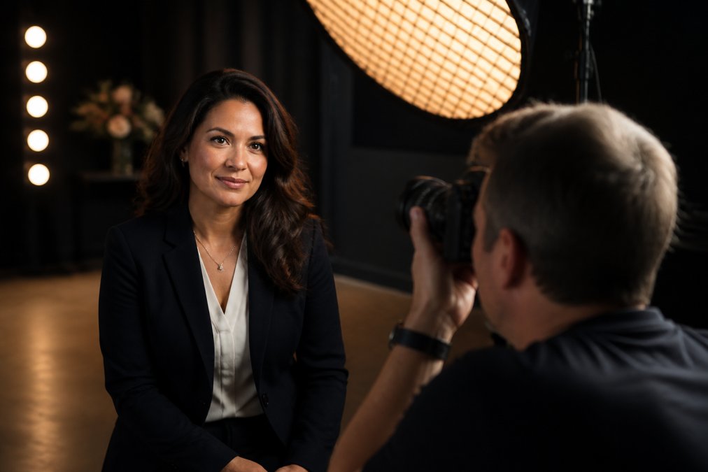 Professional actor or business person positioned confidently in a well-lit studio setting, wearing polished business attire with natural makeup and styled hair, posed for a professional headshot