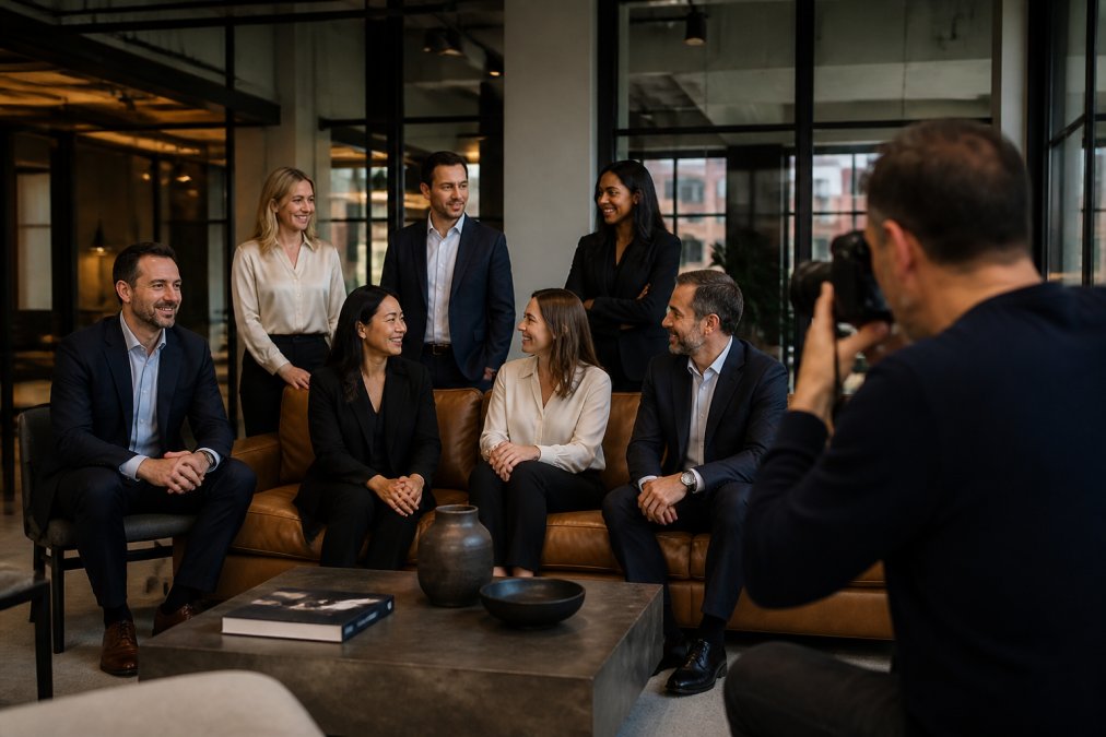 Diverse team of business professionals posed together in a modern London office or studio environment, all appearing polished and professional, arranged as if for corporate headshots