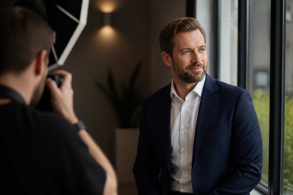 Business professional in navy blazer demonstrating three-quarter pose with relaxed shoulders, slight head tilt, natural expression looking toward camera with window light on face