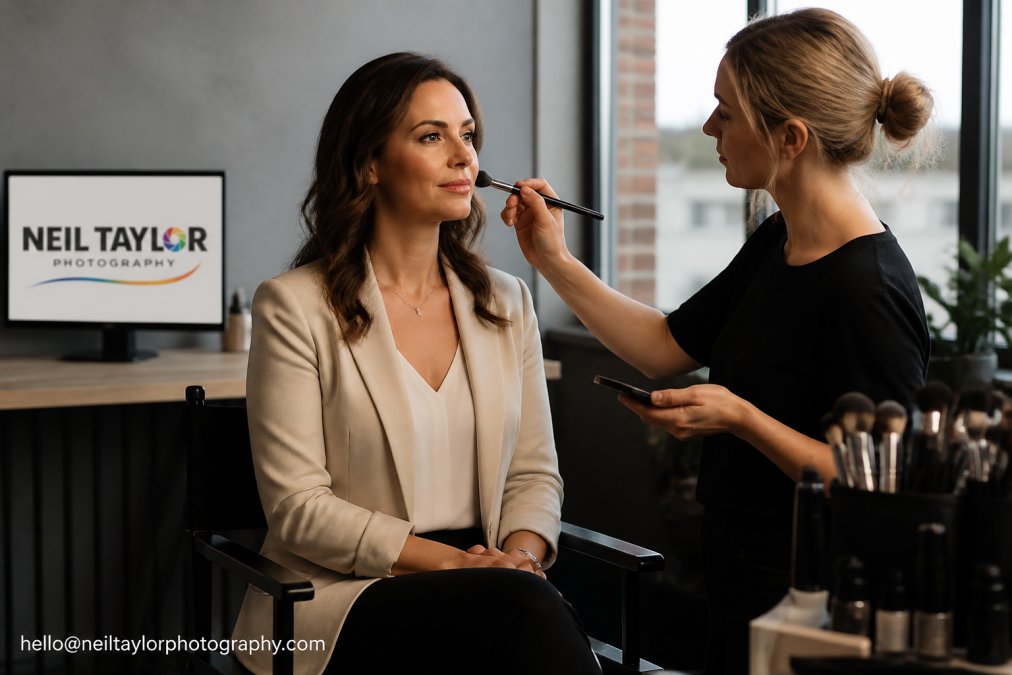 Professional entrepreneur sitting in makeup chair having hair and makeup applied by stylist, natural studio lighting, focused and calm expression, modern professional environment