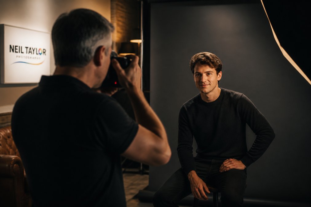 Professional actor in a modern studio setting with cinematic lighting, relaxed posture, and natural expression during a headshot session