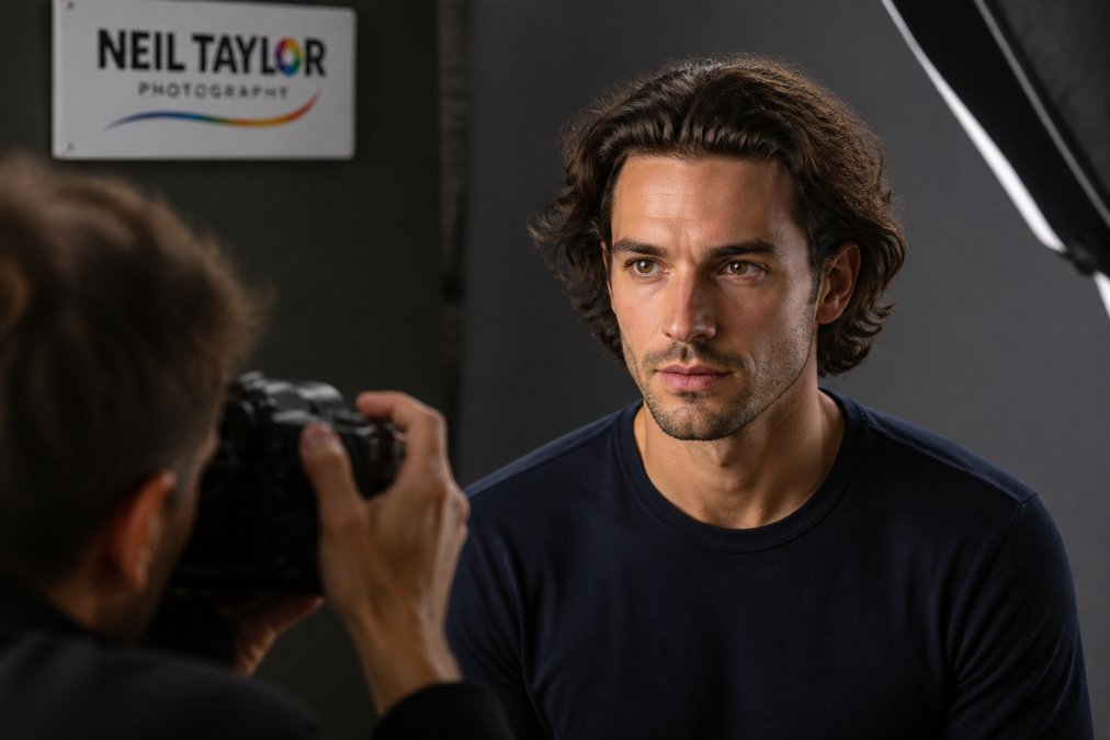 Professional actor wearing a well-fitted solid-colour top, shot from shoulders up against a neutral background, demonstrating proper headshot wardrobe choices
