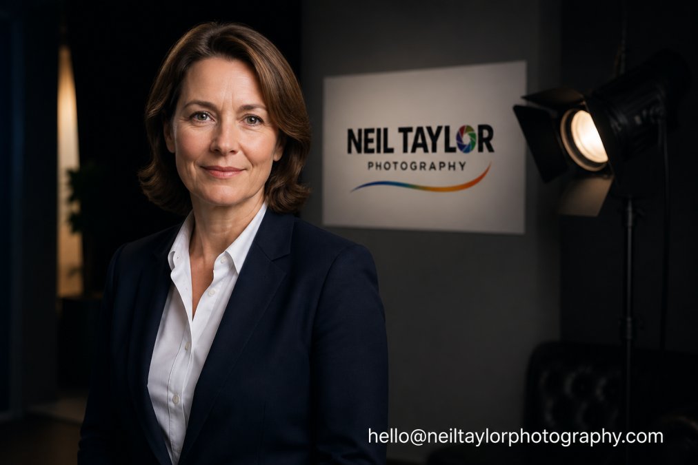 Professional freelancer in sharp business attire, well-lit studio setting with soft directional lighting, natural confident expression showing approachability and credibility