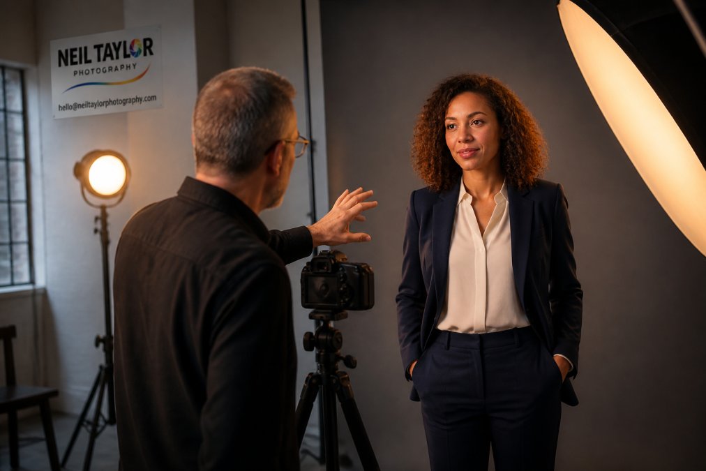 Freelancer in professional wardrobe being directed by photographer in modern studio, showing collaborative nature of headshot session with soft studio lighting