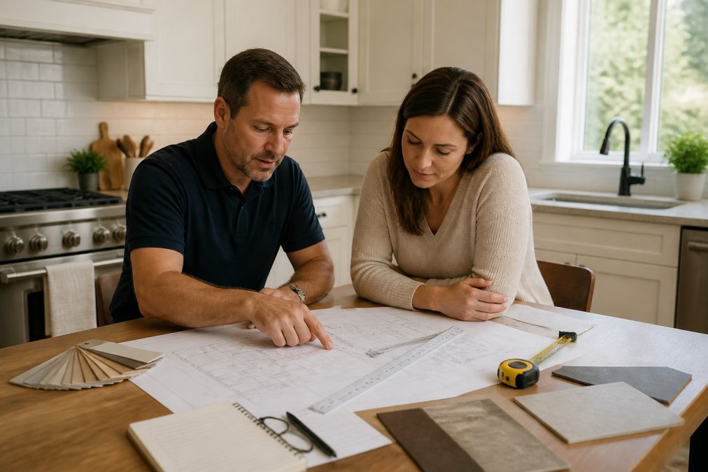 Professional contractor and homeowner reviewing renovation blueprints and plans at a kitchen table with design center samples and measurements visible