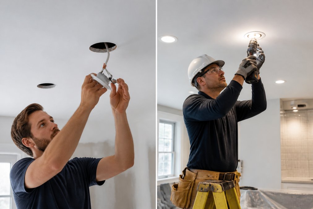 Skilled tradesperson carefully installing modern recessed lighting fixtures in a residential ceiling with professional tools and proper safety equipment in a well-lit workspace