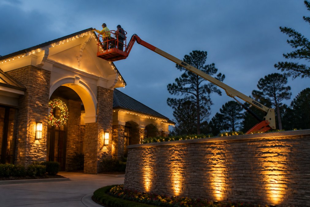 Professional installers on a lift placing warm white LED lights along the roofline of a stately community clubhouse entrance at dusk, with a monument sign illuminated below