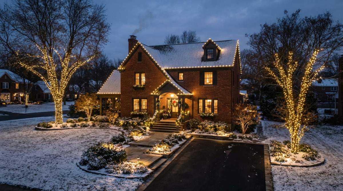 A two-story brick home at dusk in December, warm white LED lights outlining the roofline and wrapped around landscape trees, clean driveway with no visible cords, light snow on the ground