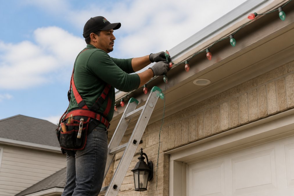 Professional installer on ladder securing LED light strands along residential roofline during daytime, showing proper safety equipment and installation technique and tool belt