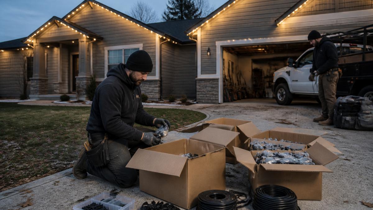 Professional installation team securing LED holiday lights along residential roofline at dusk, using specialized clips and weatherproof connectors, with careful attention to even spacing and secure fastening