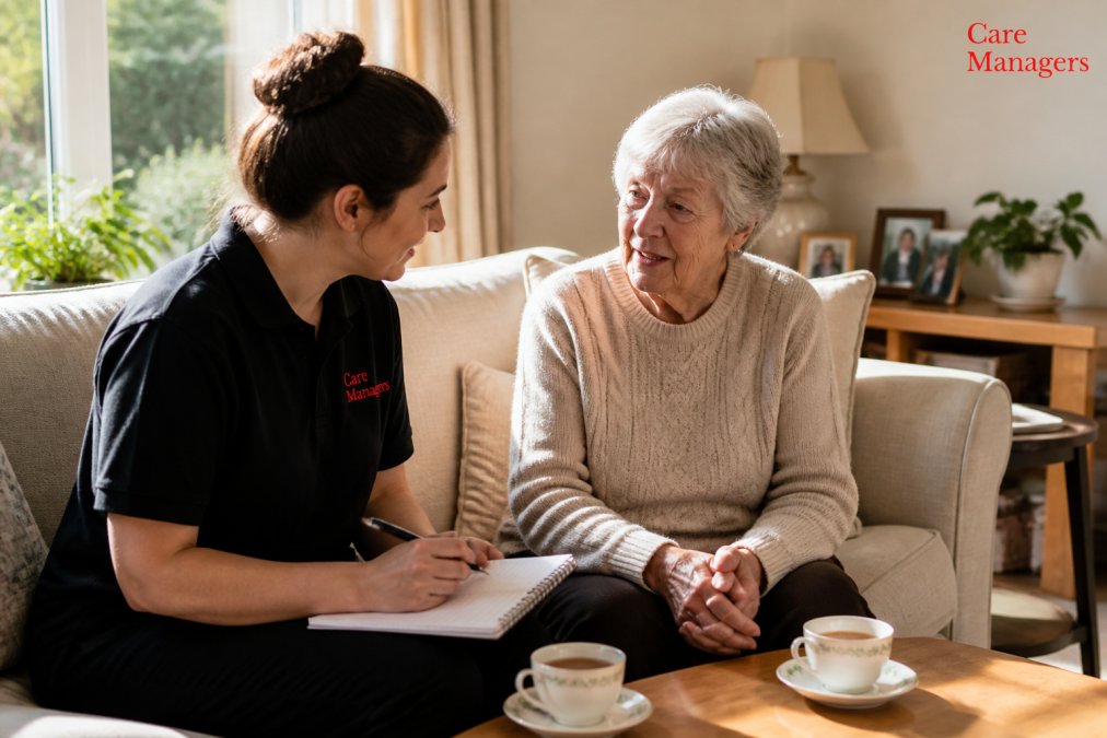 A carer and elderly person sitting together in a comfortable living room, having a conversation over tea, with the carer taking notes on care preferences and daily routines in natural afternoon light