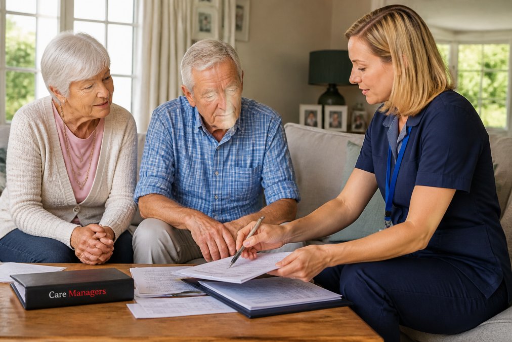 A family having a video consultation with a care coordinator in their home, reviewing care arrangements and discussing expectations with documentation on the table, in bright natural lighting