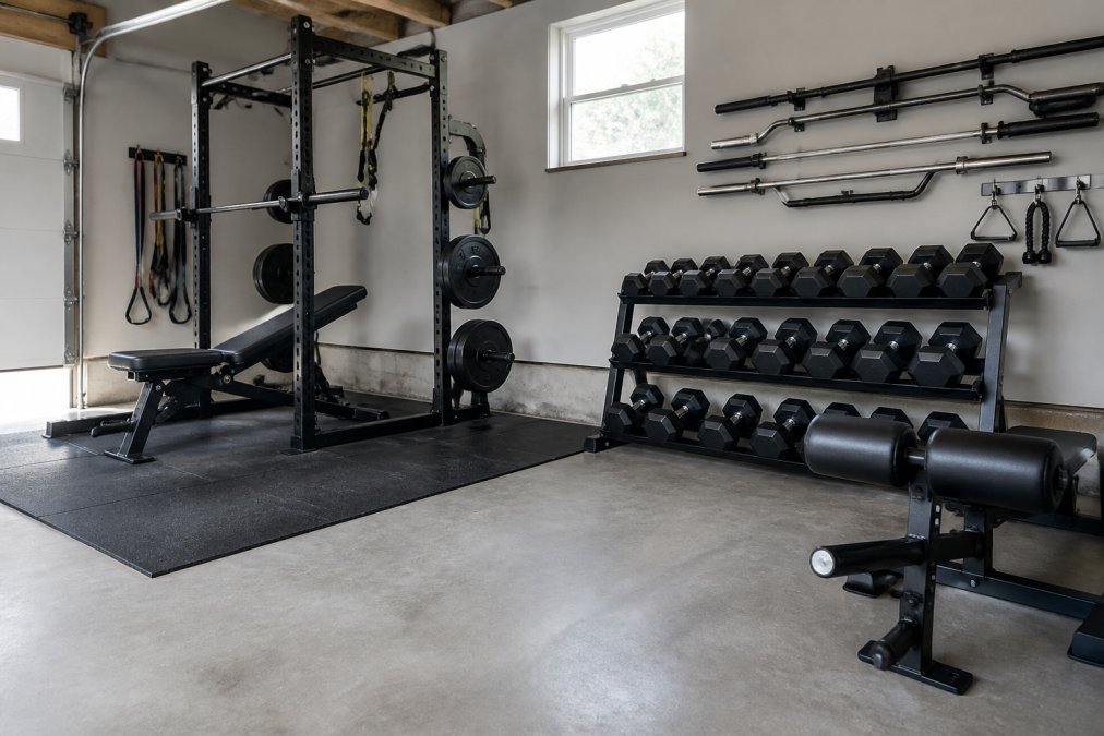 Home gym with power rack, adjustable dumbbells arranged on a rack, weight bench, and resistance training equipment in a well-lit garage space with concrete flooring and proper ventilation