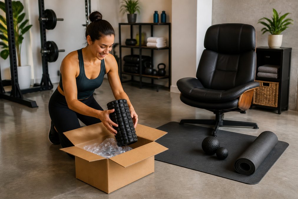 Recovery corner with foam roller, massage ball, stretching mat, and ergonomic recovery chair in a well-lit home gym space with calm lighting and organized storage