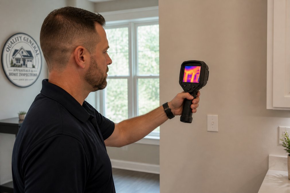 Professional home inspector using thermal imaging camera to examine wall insulation and moisture issues during residential inspection in modern home with natural lighting