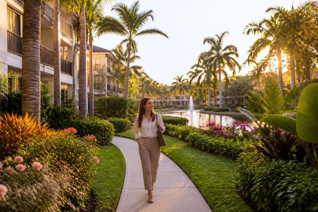 Young professional walking through lush, landscaped grounds with mature palms and flowering shrubs, modern garden-style apartment buildings visible in soft golden hour light, manicured pathways and water features in background