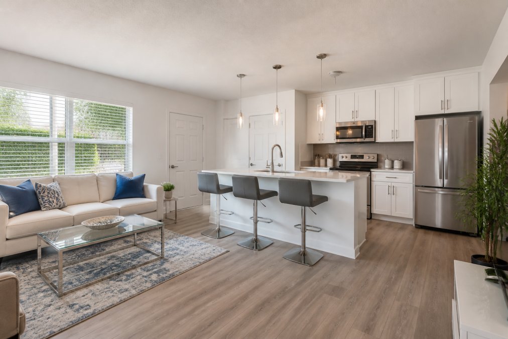 Modern one-bedroom apartment interior with stainless steel appliances, quartz countertops, contemporary furnishings, and abundant natural light streaming through large windows