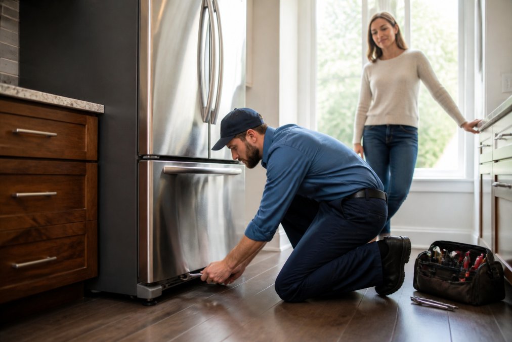 A uniformed technician in a customer's kitchen carefully leveling a new refrigerator with a wrench while the homeowner watches from a few feet away, bright natural light coming through a window