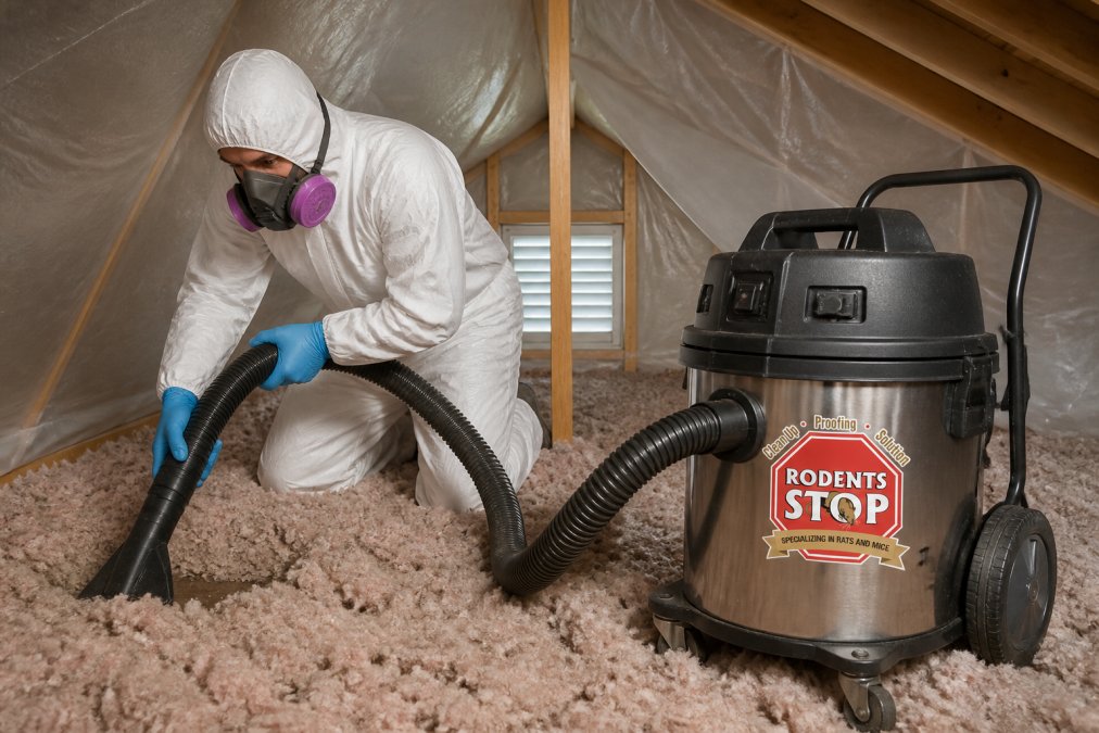 Professional technician in full protective gear including respirator and disposable coveralls using industrial HEPA-filtered vacuum equipment to remove contaminated insulation from an attic space with plastic containment barriers visible