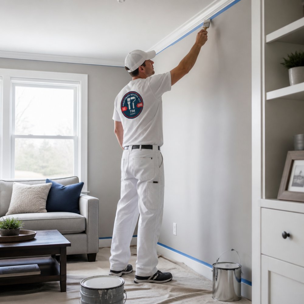 A professional painter in clean work clothes carefully cutting in along a ceiling line with a brush, drop cloths and paint cans visible in a bright, furnished living room
