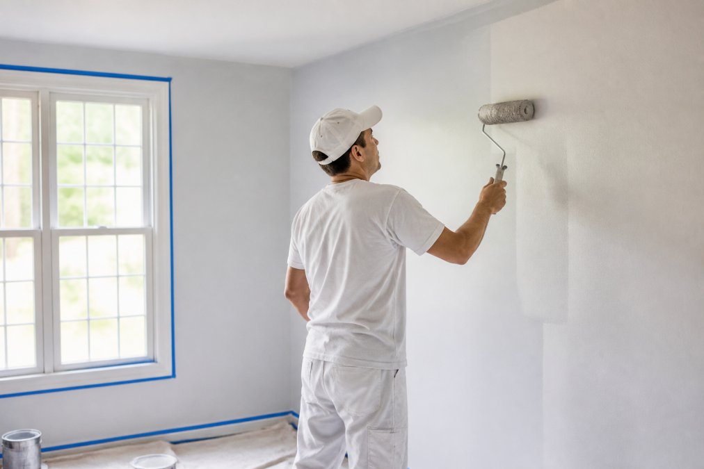 Professional painter applying interior wall paint with roller on freshly prepared and primed walls in residential home with natural daylight from windows