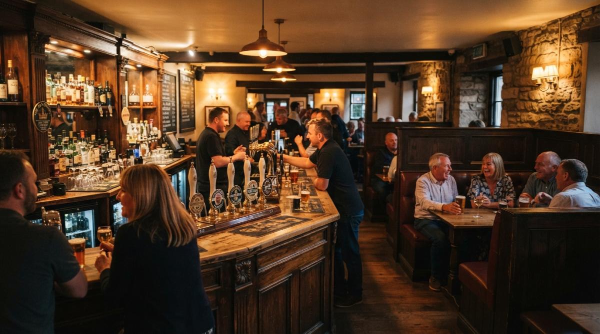 Warmly lit pub interior with soft amber lighting highlighting wooden bar fixtures, vintage beer taps, and intimate dining booths where guests are enjoying drinks and conversation