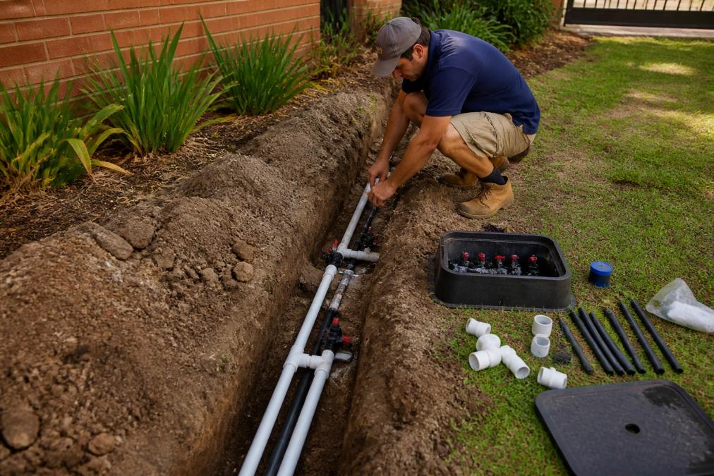 Qualified technician installing irrigation pipes and solenoid valves in a residential garden, with trenching visible and system components laid out on the soil