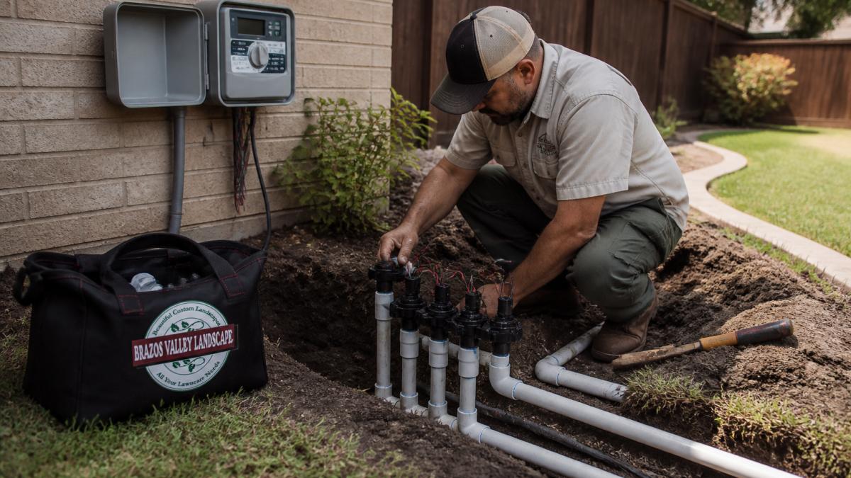 An irrigation technician in a residential yard kneeling beside an open trench, connecting PVC pipe to a zone valve manifold, with a controller mounted on the nearby wall
