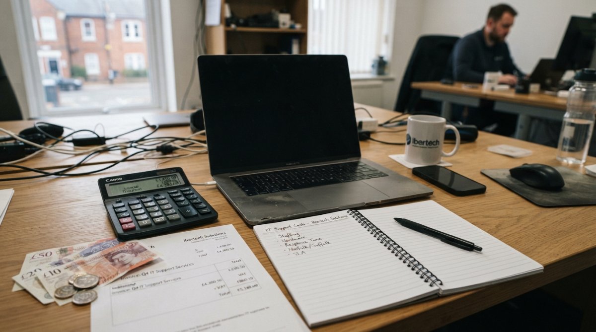 Business owner reviewing IT support documentation and pricing options at a desk with laptop and notebook in modern office