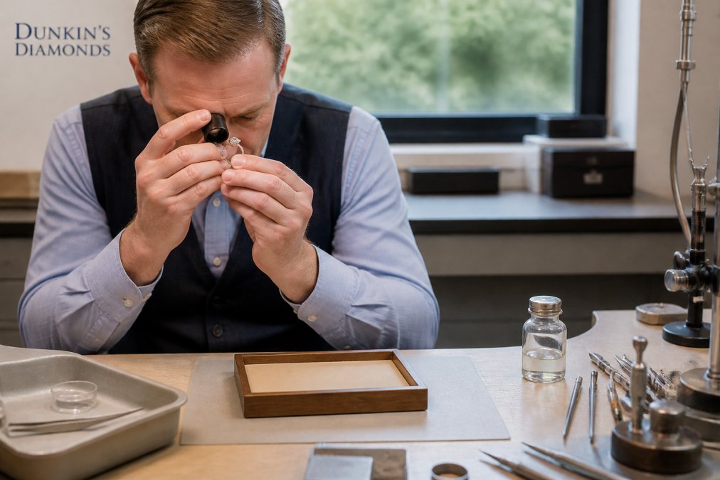 Certified jeweler using an eye loupe to inspect a diamond ring at a clean workbench
