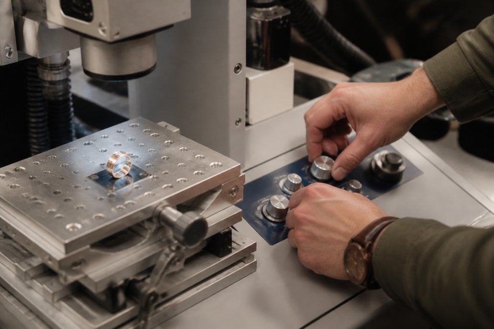 Close-up of hands adjusting laser engraving machine settings on a control panel, with a piece of jewelry positioned on the work surface