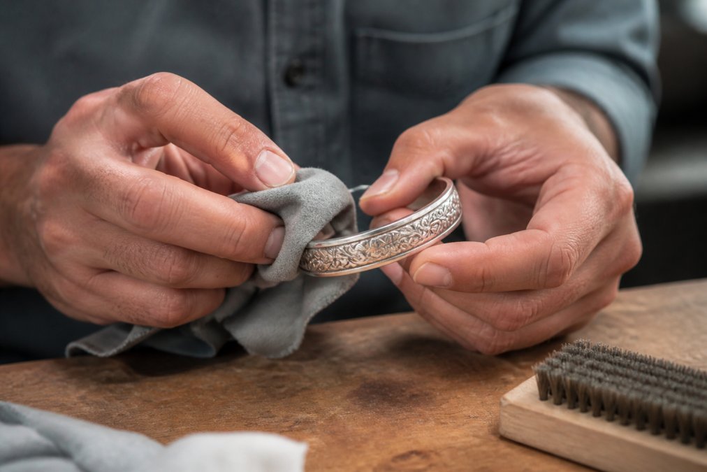 Hands carefully polishing an engraved bracelet with a soft cloth, showing attention to detail in jewelry maintenance