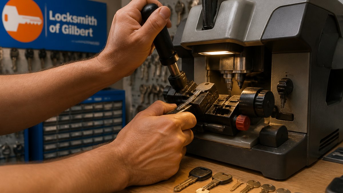 Professional locksmith's hands operating precision key-cutting equipment with key blanks and finished keys visible on the work surface