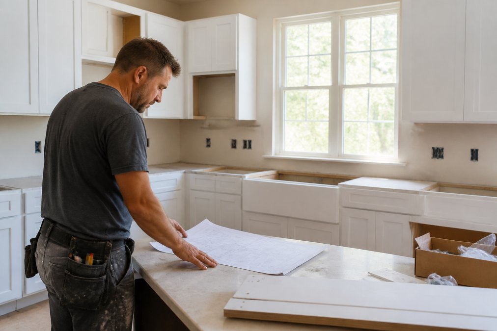 A bright kitchen under renovation with new white shaker cabinets being installed, a contractor in work clothes reviewing blueprints on a countertop, natural light streaming through a window