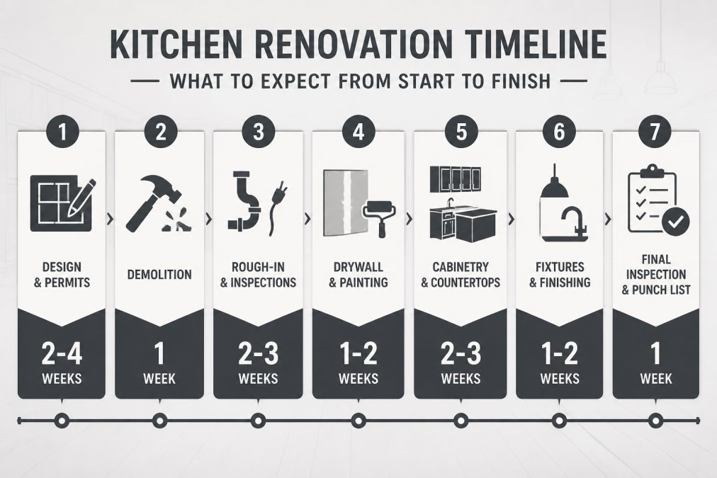 Timeline showing kitchen renovation phases: design and permits 2-4 weeks, demolition 1 week, rough-in and inspections 2-3 weeks, drywall and painting 1-2 weeks, cabinetry and countertops 2-3 weeks, fixtures and finishing 1-2 weeks, final inspection and punch list 1 week