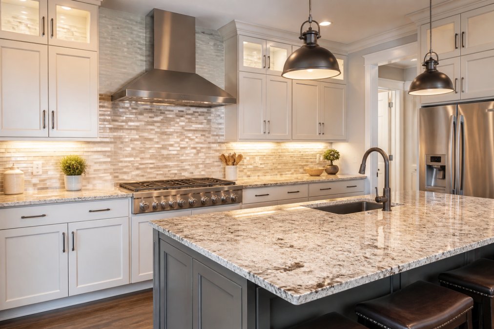 Modern kitchen with custom cabinetry, granite countertops, and professional backsplash installation showing completed renovation with detailed finishing work