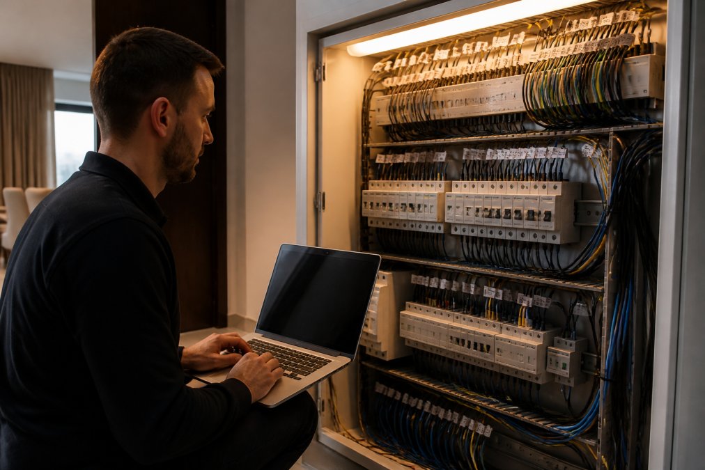 A KNX commissioning engineer seated at a wall-mounted distribution board in a high-end residential property, laptop open running ETS software, labelled cable cores and DIN-rail actuators visible under warm task lighting