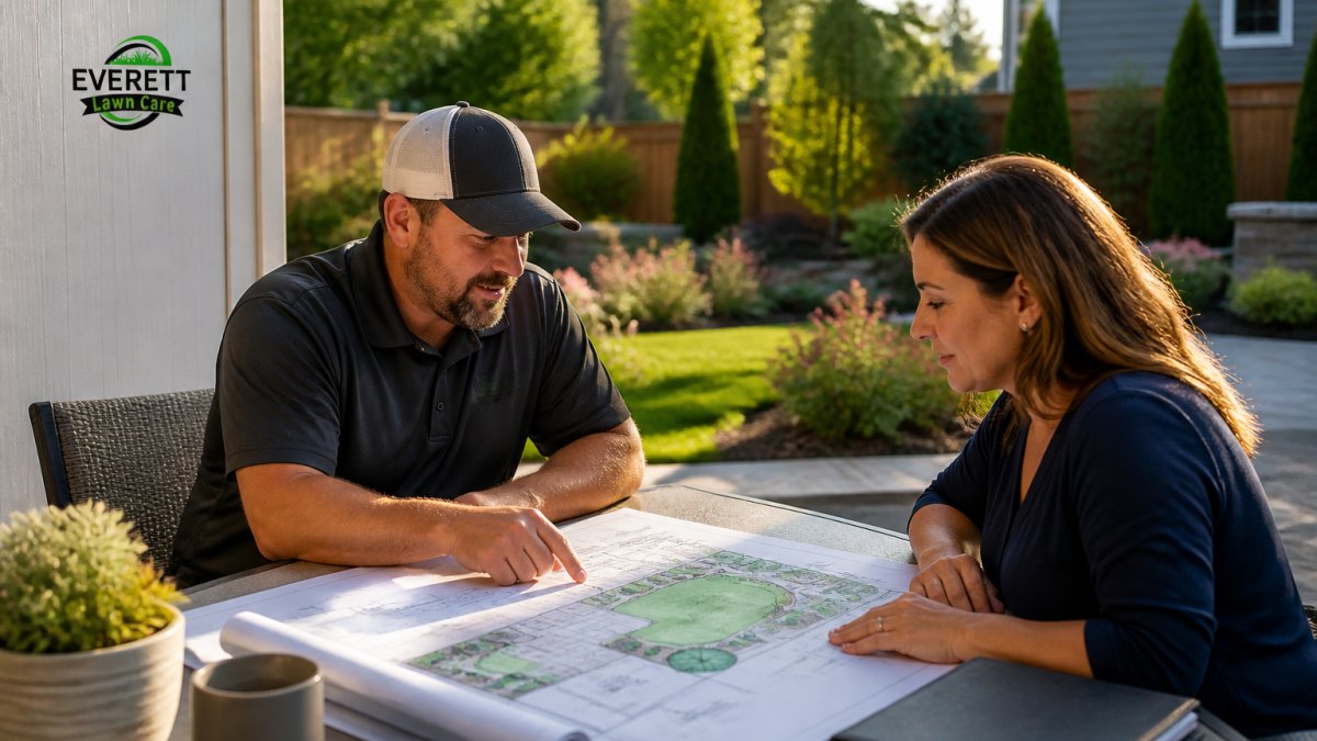 A landscape designer and homeowner reviewing a printed landscape plan spread across a patio table, with a residential yard and planting beds visible behind them in soft afternoon light