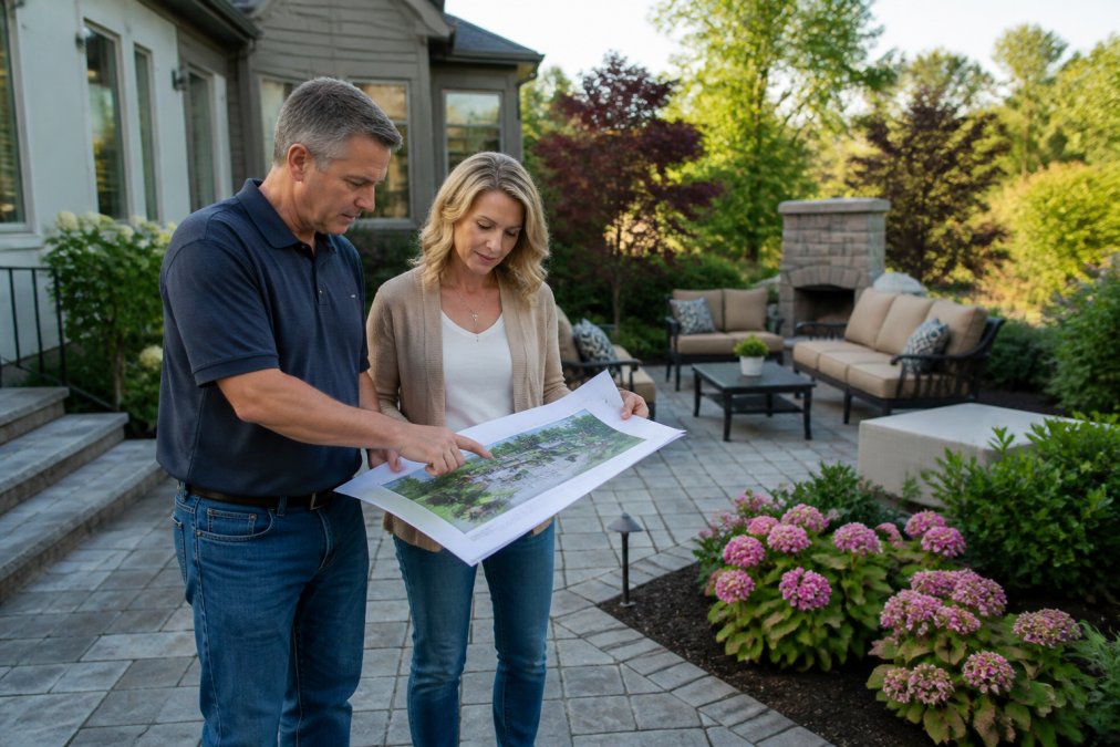 Professional landscape designer presenting outdoor living space design plans with client in backyard setting, showing patio area with stone pavers, comfortable seating arrangement, and flowering shrubs in natural afternoon lighting