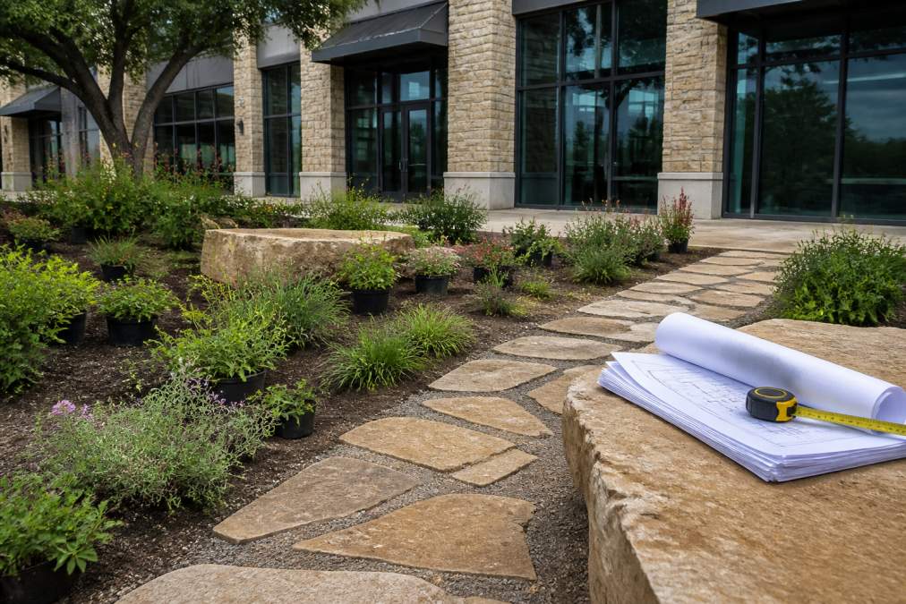 Crew performing professional landscape installation for commercial properties with native plants and flagstone.