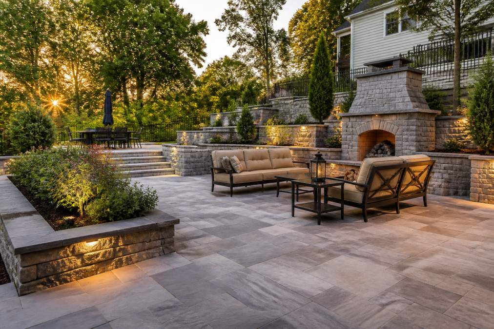 Completed outdoor living area featuring a large paved patio with seating spaces, integrated retaining walls, mature garden beds with varied plantings, and integrated outdoor lighting in late afternoon sunlight