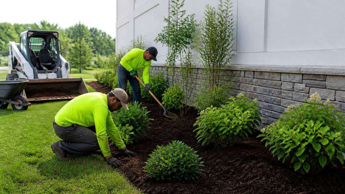 Professional landscaping crew installing new planting beds and mulch around commercial building foundation with equipment visible in background