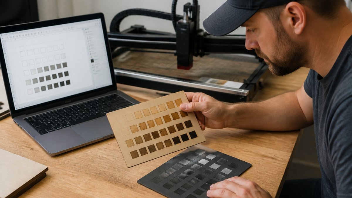 Comparison chart of laser engraving design tests on wood and metal surfaces showing varying depth and darkness.