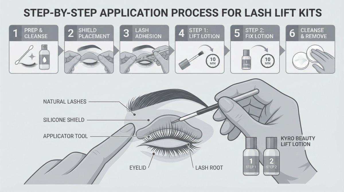 Close-up of hands applying a professional lash lift kit with silicone shields and applicator tools to natural eyelashes, showing precise application technique under bright studio lighting
