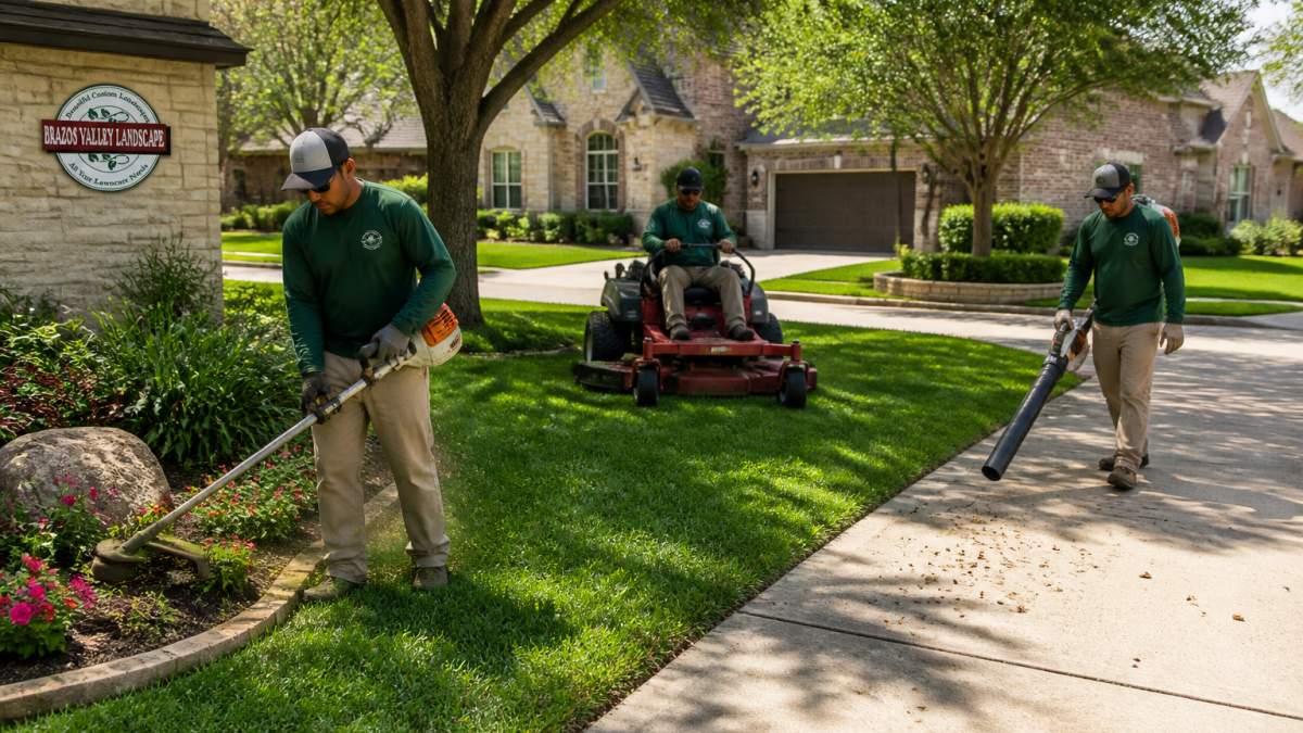 A professional lawn care crew mowing a lush green lawn with a commercial mower, one worker using a string trimmer along a flower bed edge, and another blowing debris off a driveway in a residential neighborhood