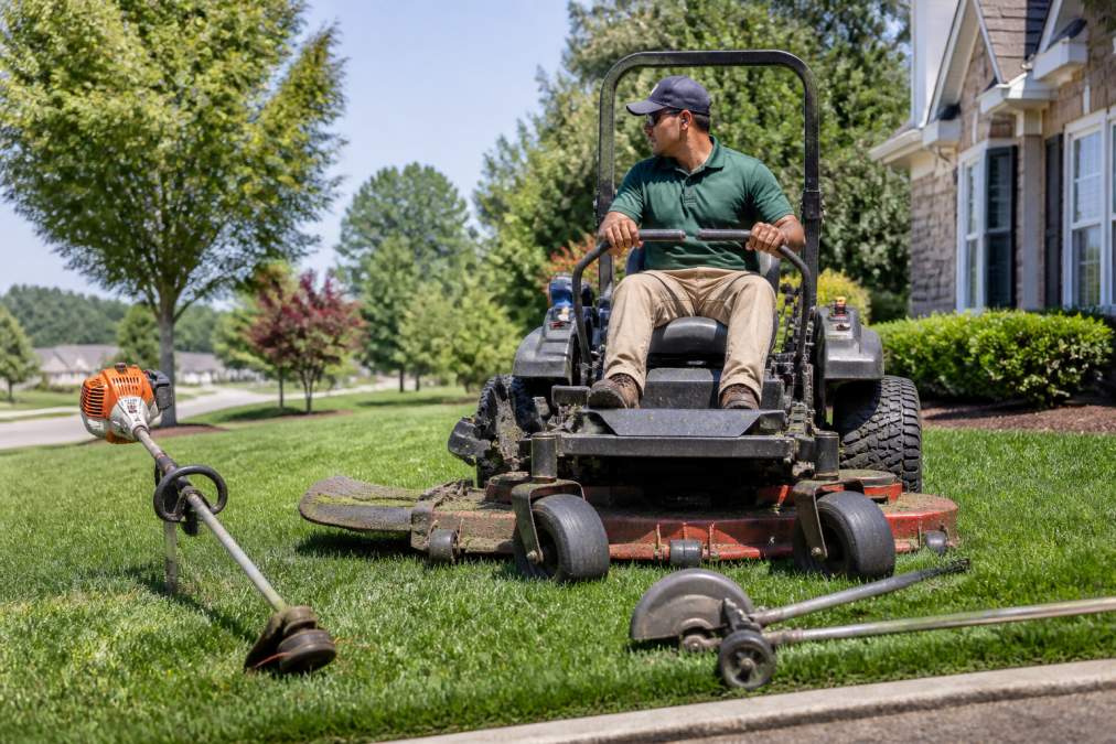 Professional using a zero-turn mower as part of a lawn mowing service on a sunny residential property.